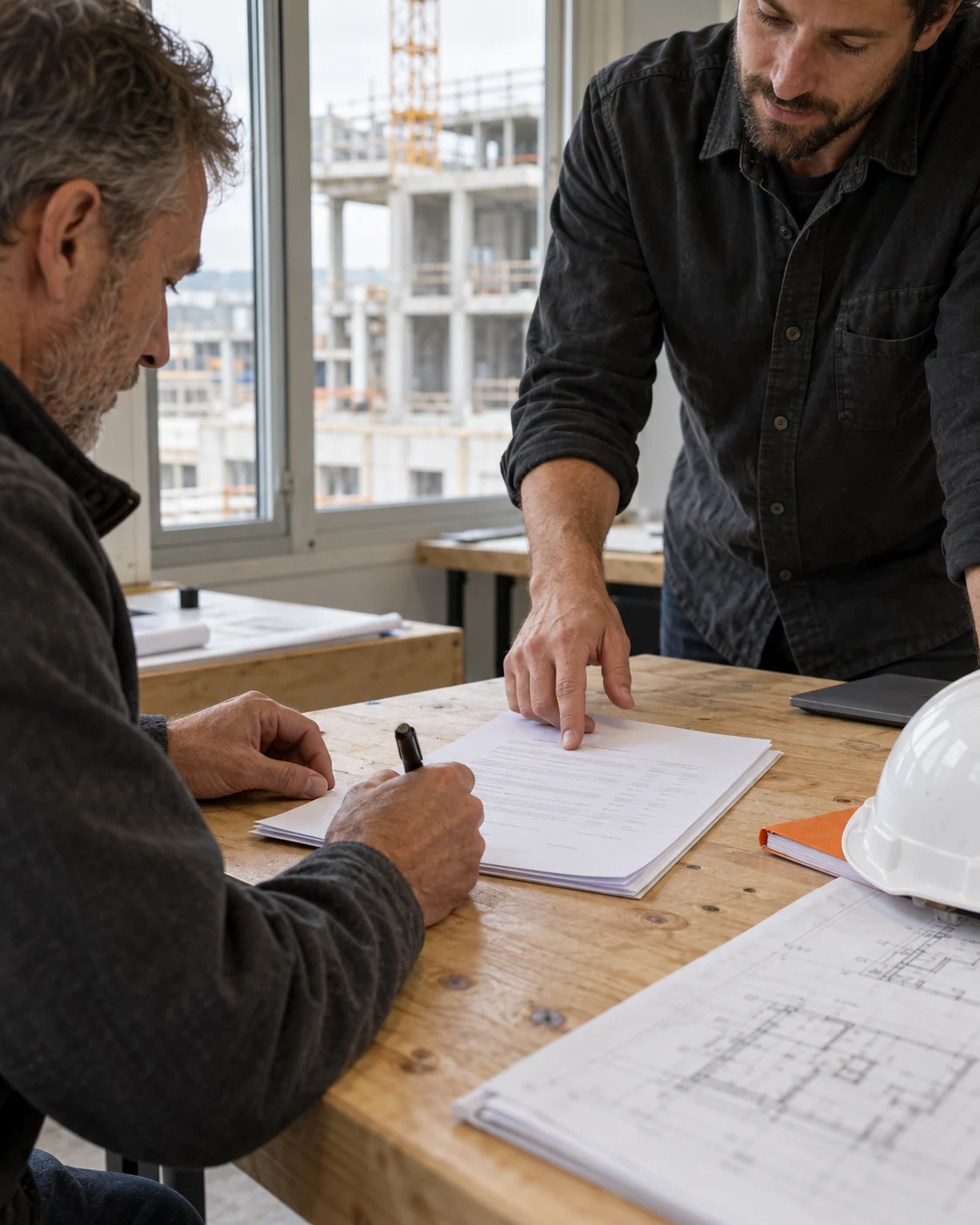 Un client valide un devis avec un professionnel dans un bureau de chantier. Illustration éditoriale générée.